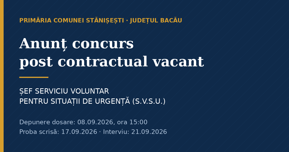 Anunț concurs pentru ocuparea postului contractual vacant de Șef S.V.S.U.