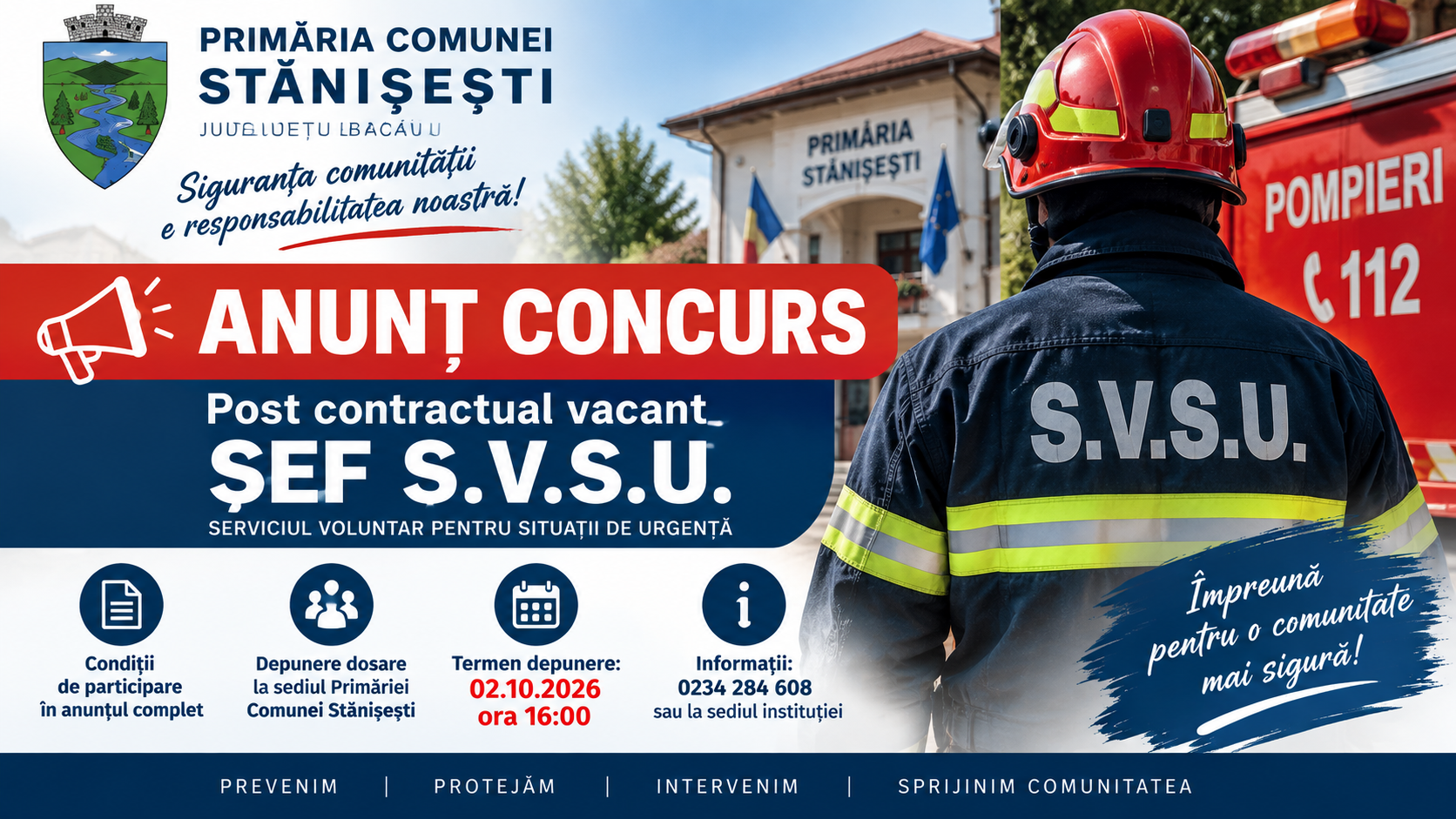 Anunț concurs pentru ocuparea postului contractual vacant de Șef S.V.S.U.-reluare anunt
